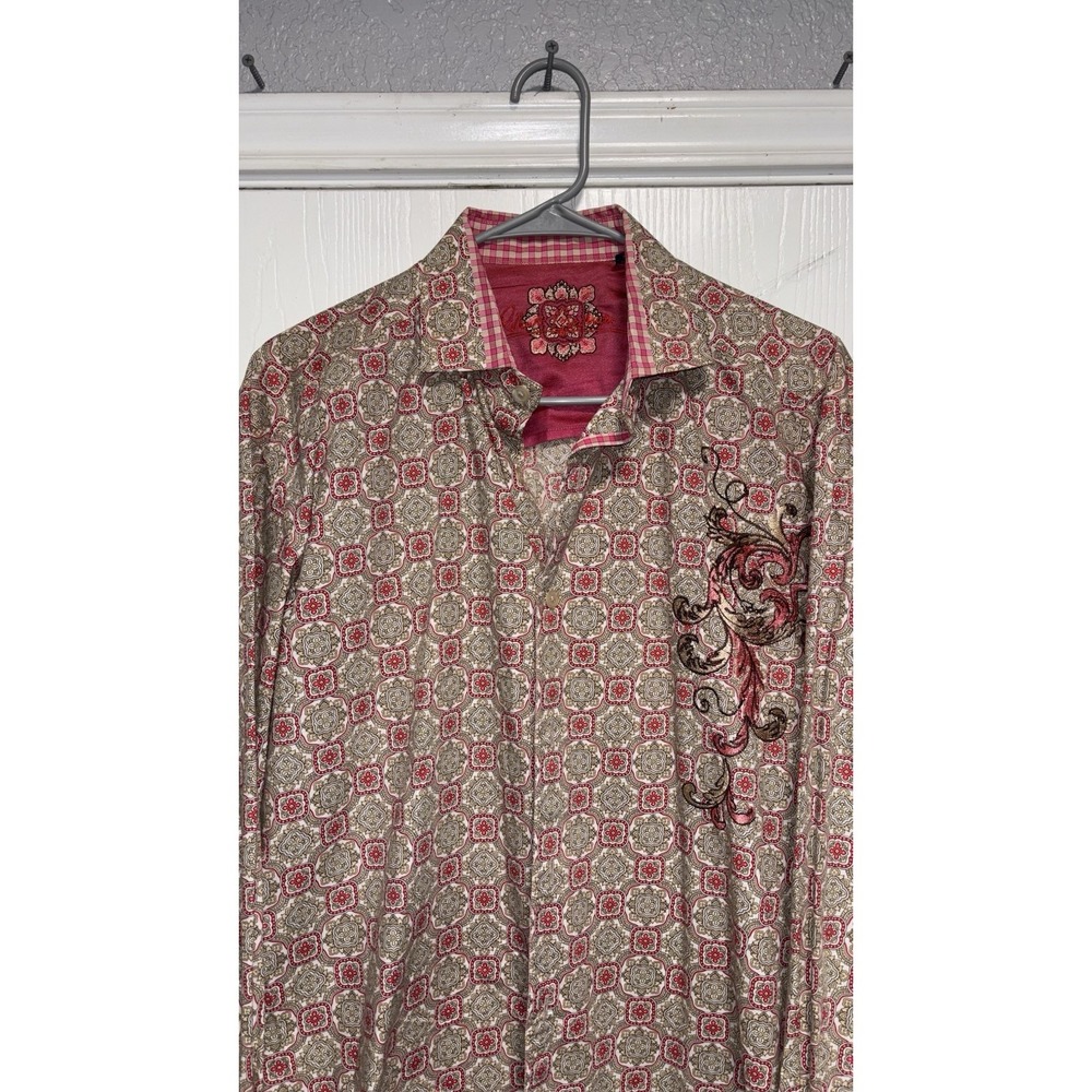 Robert Graham Large Pink Beige Long Sleeve Shirt Flip Cuff Embroidered